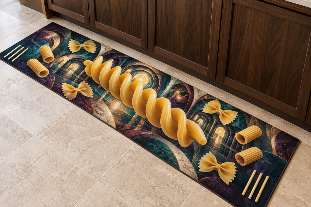 Pasta Form Parallax Kitchen Rug with dimensional printed themed artwork; representative AI-generated mockup.