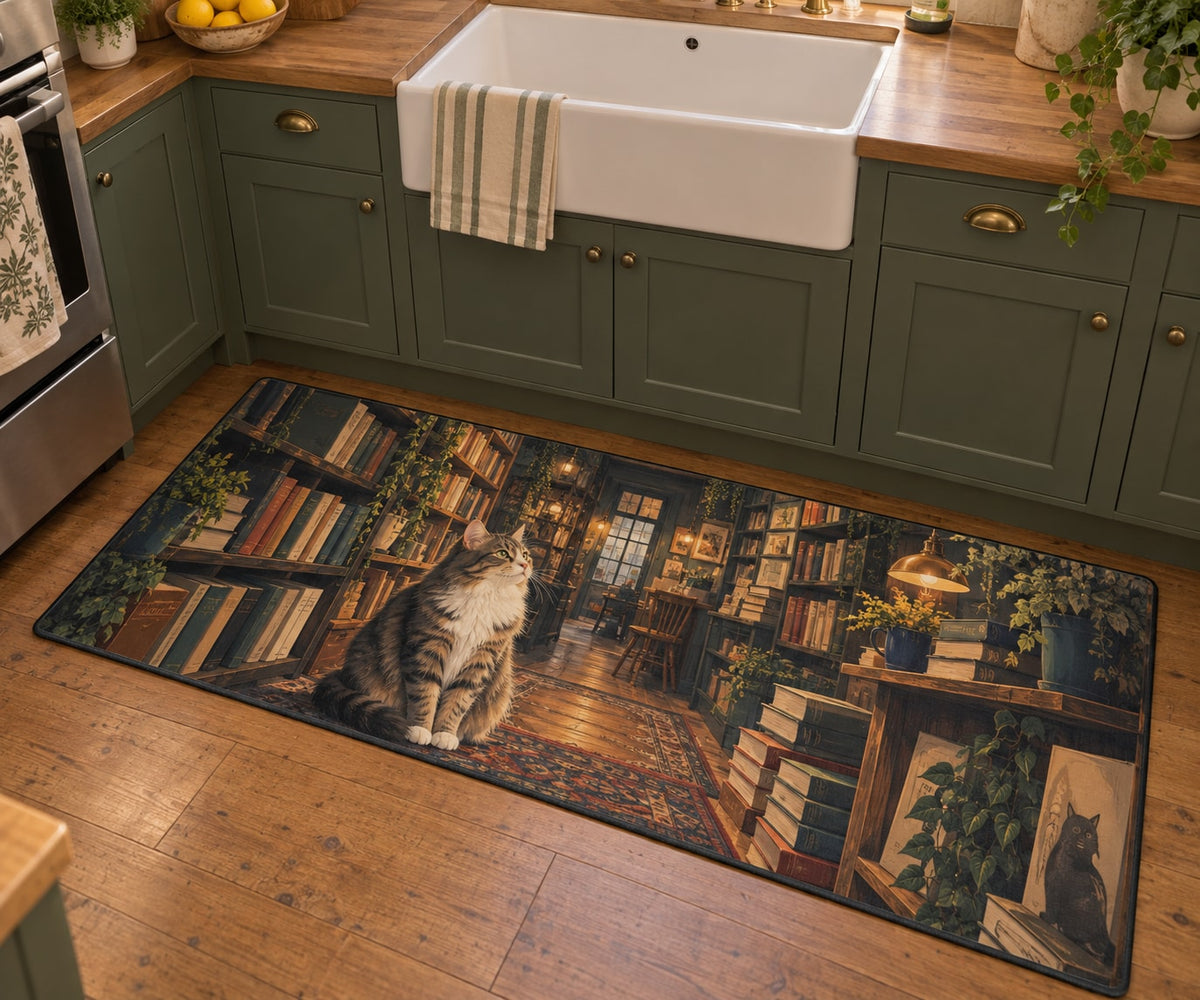 Cat in a Bookshop Kitchen Rug with dimensional printed themed artwork; representative AI-generated mockup.
