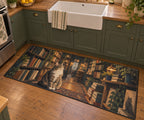 Cat in a Bookshop Kitchen Rug with dimensional printed themed artwork; representative AI-generated mockup.