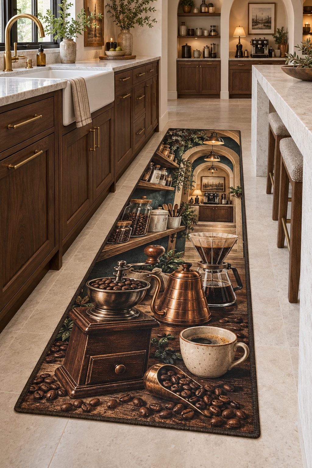 Coffee Brewing Tools Kitchen Rug with dimensional printed themed artwork; representative AI-generated mockup.