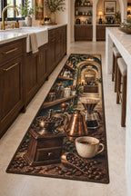 Coffee Brewing Tools Kitchen Rug with dimensional printed themed artwork; representative AI-generated mockup.