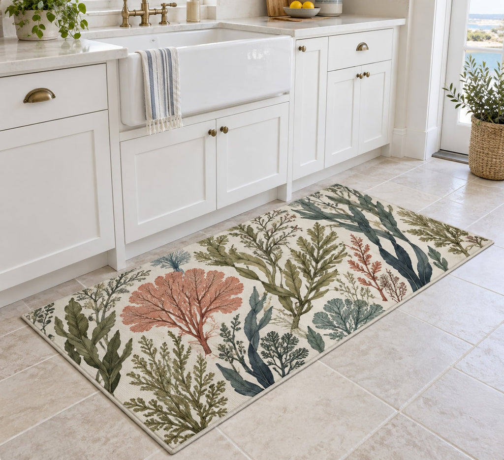 Seaweed Herbarium Kitchen Rug with dimensional printed themed artwork; representative AI-generated mockup.