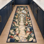 Elementary Learning Garden Kitchen Rug with dimensional printed themed artwork; representative AI-generated mockup.
