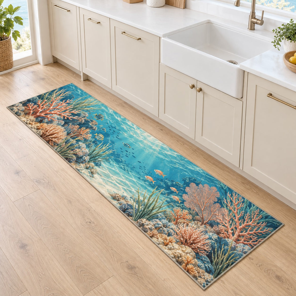 Coral Reef Kitchen Rug with dimensional printed themed artwork; representative AI-generated mockup.