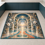 Physical Therapy Motion Atrium Kitchen Rug with dimensional printed themed artwork; representative AI-generated mockup.