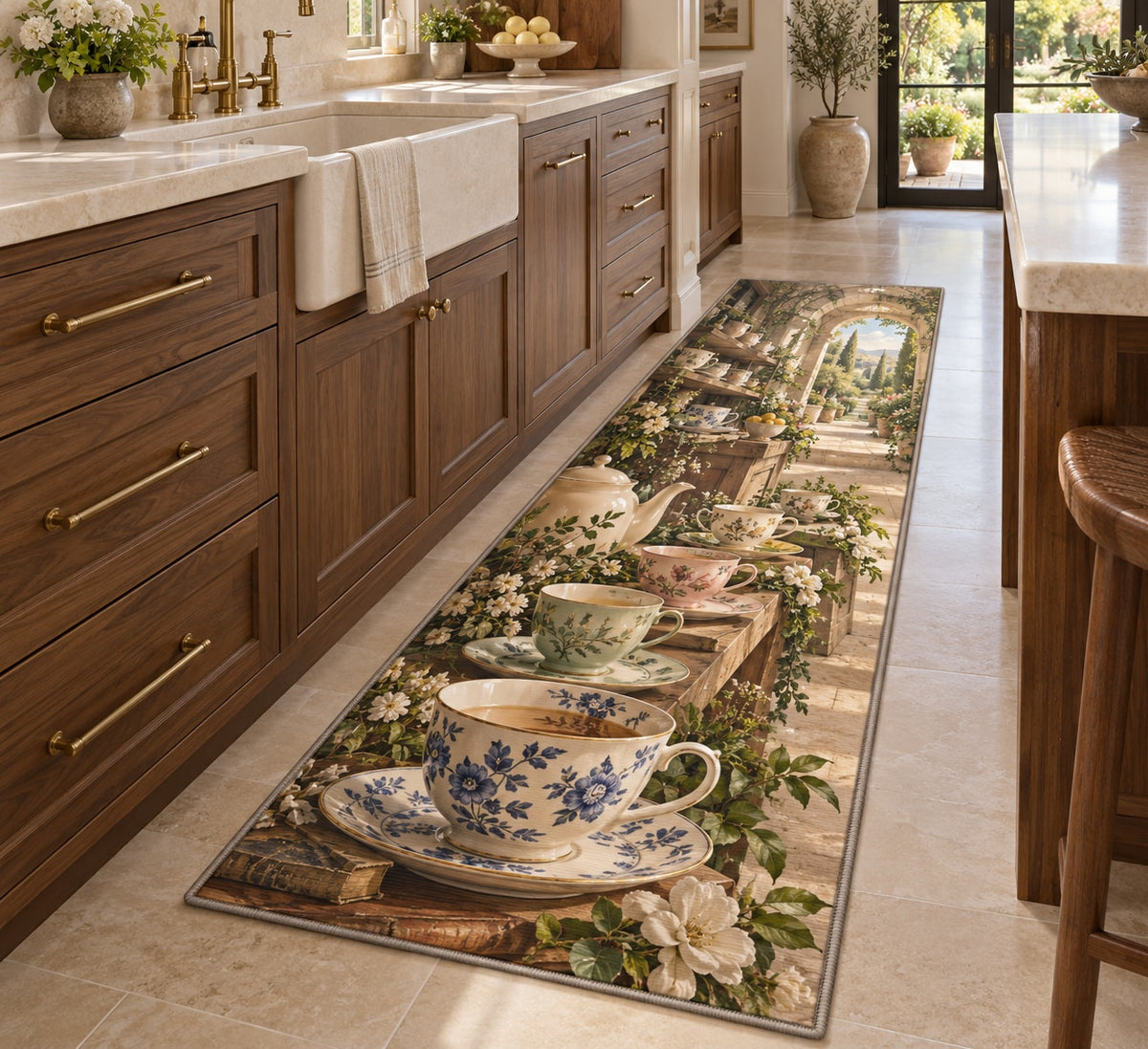 Tea Cup Collection Kitchen Rug with dimensional printed themed artwork; representative AI-generated mockup.