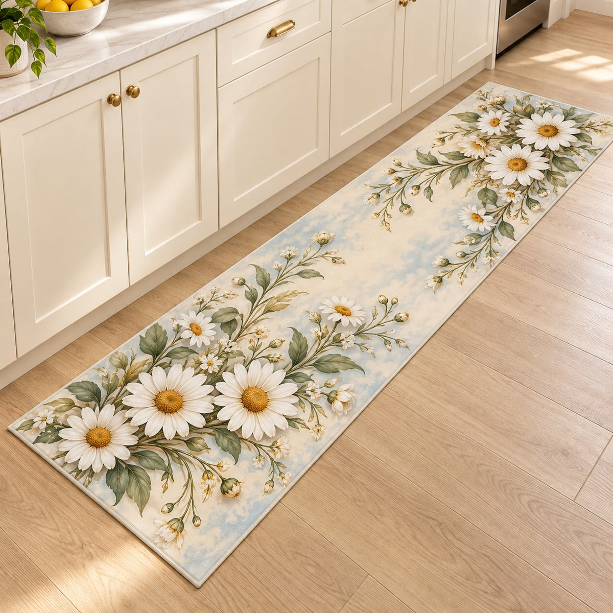 Daisy Chain Kitchen Rug with dimensional printed themed artwork; representative AI-generated mockup.