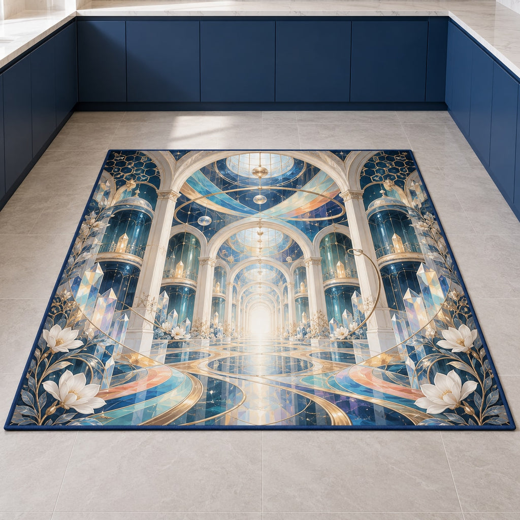 Laboratory Discovery Atrium Kitchen Rug with dimensional printed themed artwork; representative AI-generated mockup.