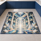 Laboratory Discovery Atrium Kitchen Rug with dimensional printed themed artwork; representative AI-generated mockup.