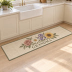 Grandmother Birth Flower Garden Kitchen Rug with dimensional printed themed artwork; representative AI-generated mockup.