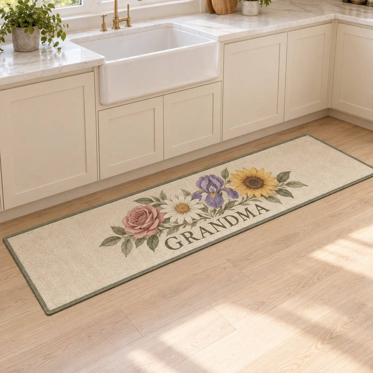 Grandmother Birth Flower Garden Kitchen Rug with dimensional printed themed artwork; representative AI-generated mockup.