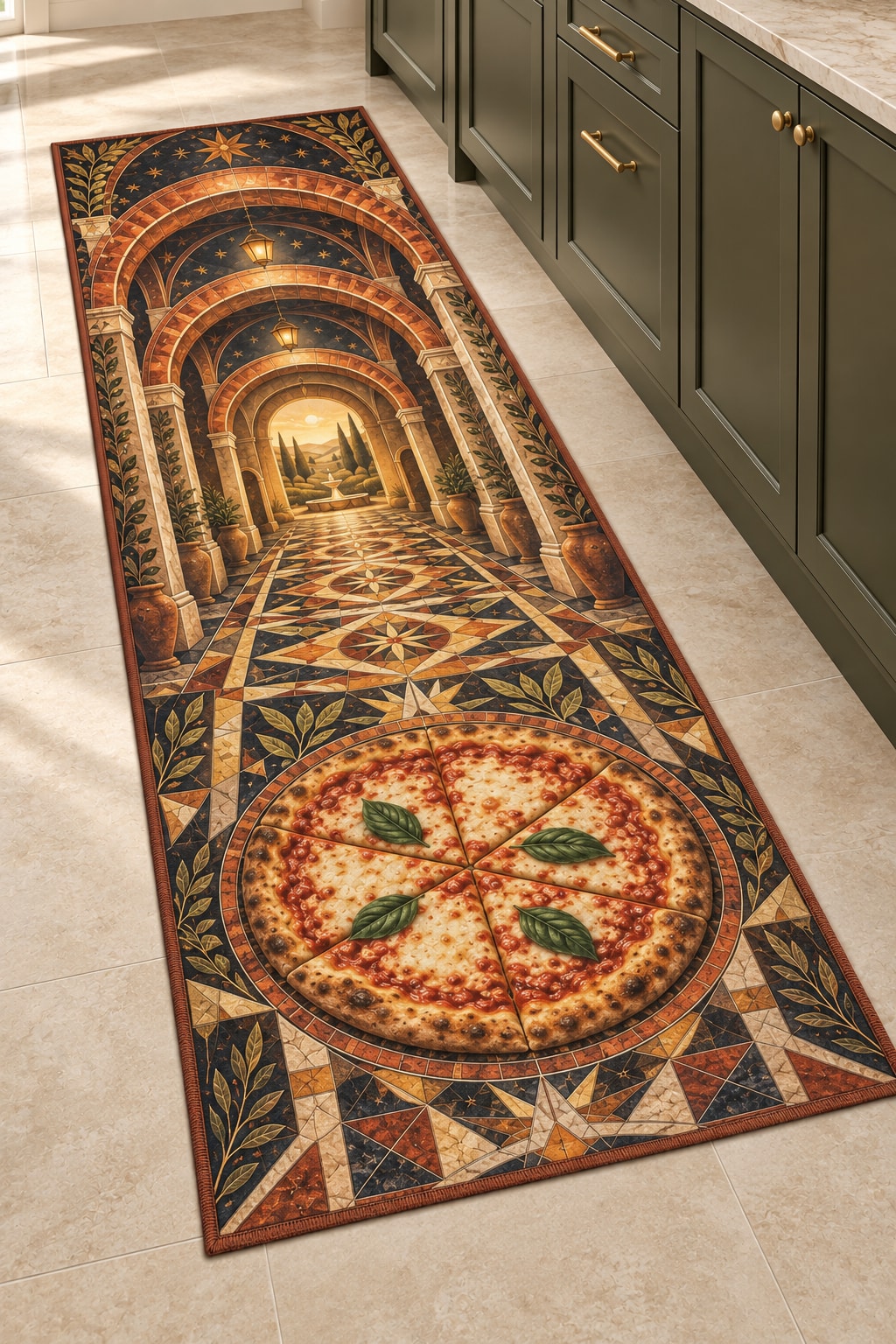Pizza Night Ember Portal Kitchen Rug with dimensional printed themed artwork; representative AI-generated mockup.