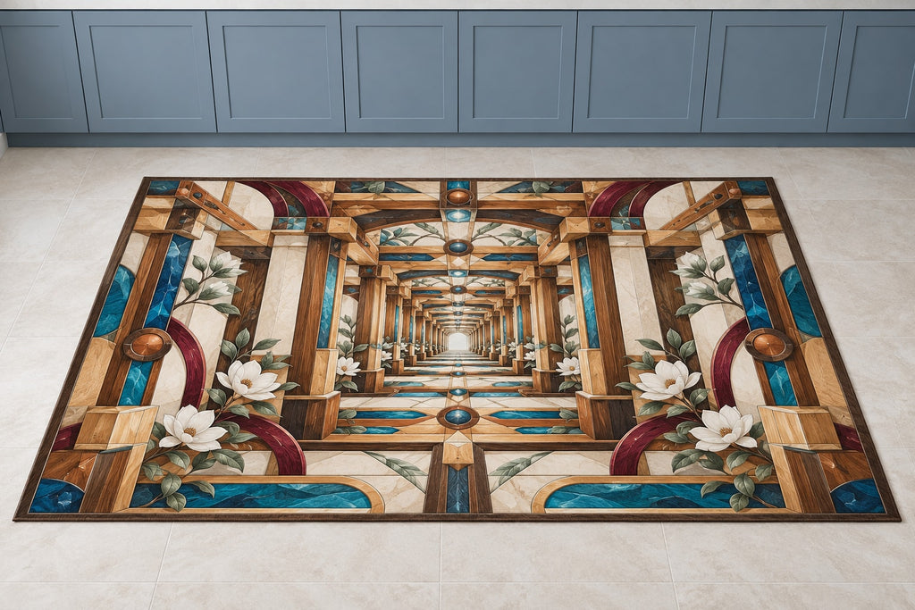 Timber Joinery Atrium Kitchen Rug with dimensional printed themed artwork; representative AI-generated mockup.