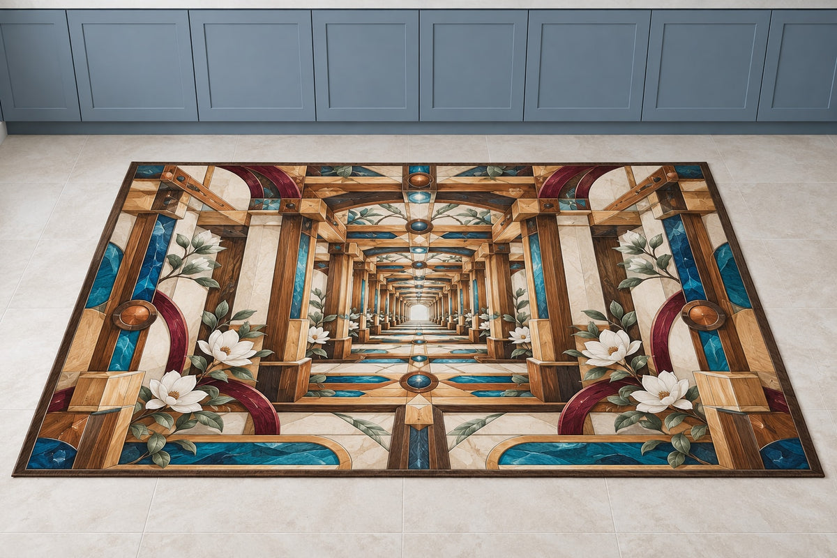 Timber Joinery Atrium Kitchen Rug with dimensional printed themed artwork; representative AI-generated mockup.