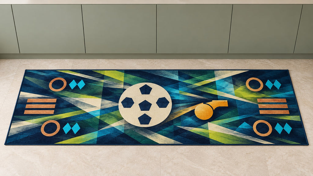 Touchline Signal Prism Kitchen Rug with dimensional printed themed artwork; representative AI-generated mockup.