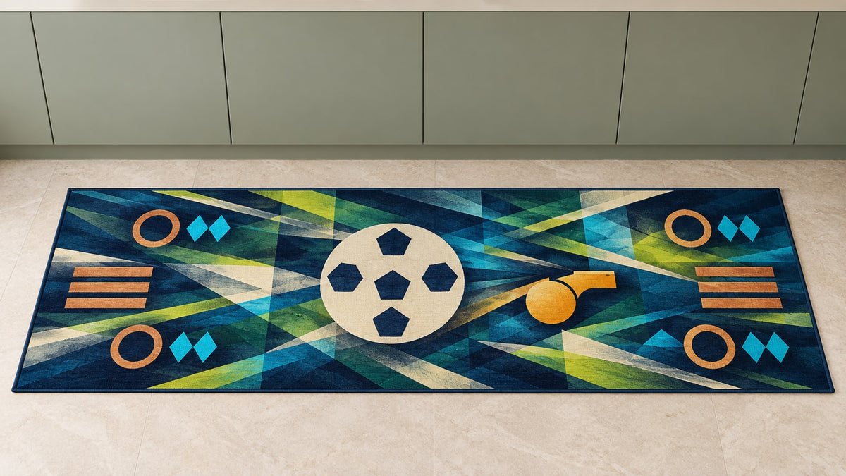 Touchline Signal Prism Kitchen Rug with dimensional printed themed artwork; representative AI-generated mockup.