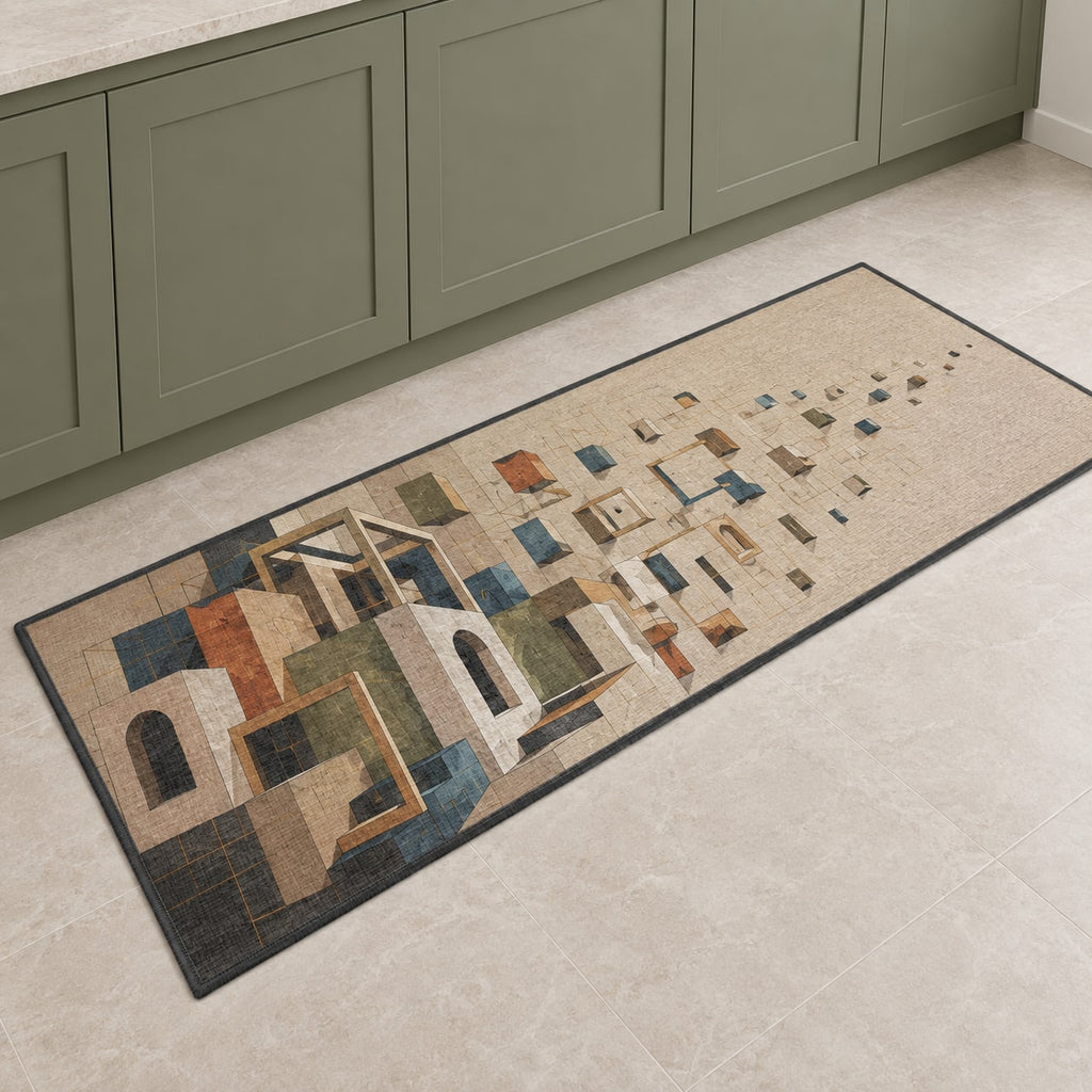 Pocket Atelier Parallax Kitchen Rug with dimensional printed themed artwork; representative AI-generated mockup.