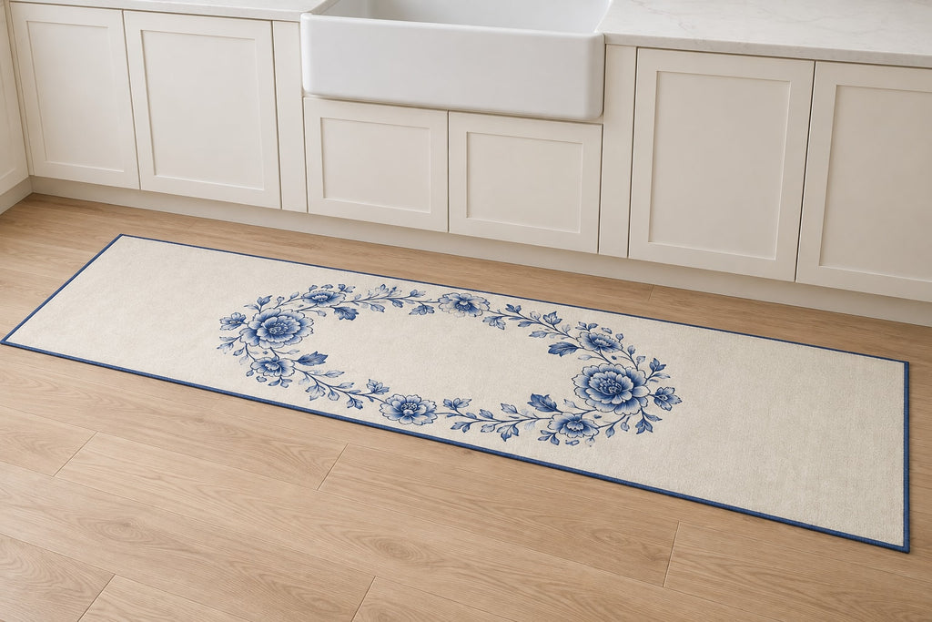 Blue Porcelain Wedding Wreath Kitchen Rug with dimensional printed themed artwork; representative AI-generated mockup.