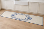 Blue Porcelain Wedding Wreath Kitchen Rug with dimensional printed themed artwork; representative AI-generated mockup.