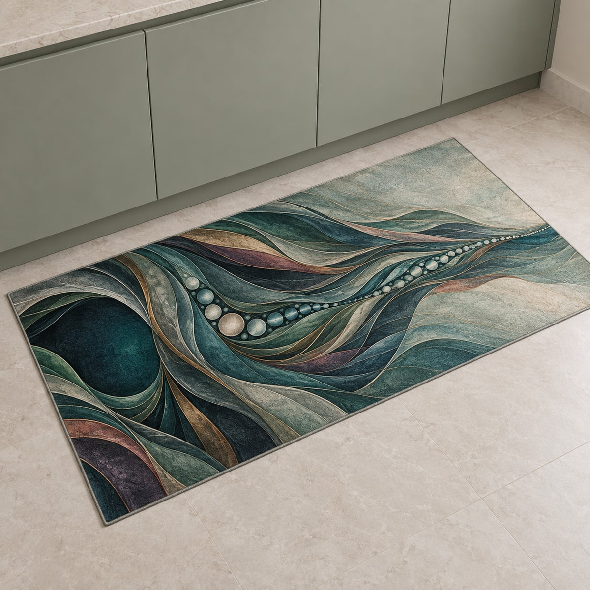 Luminous Aquascape Terraces Kitchen Rug with dimensional printed themed artwork; representative AI-generated mockup.