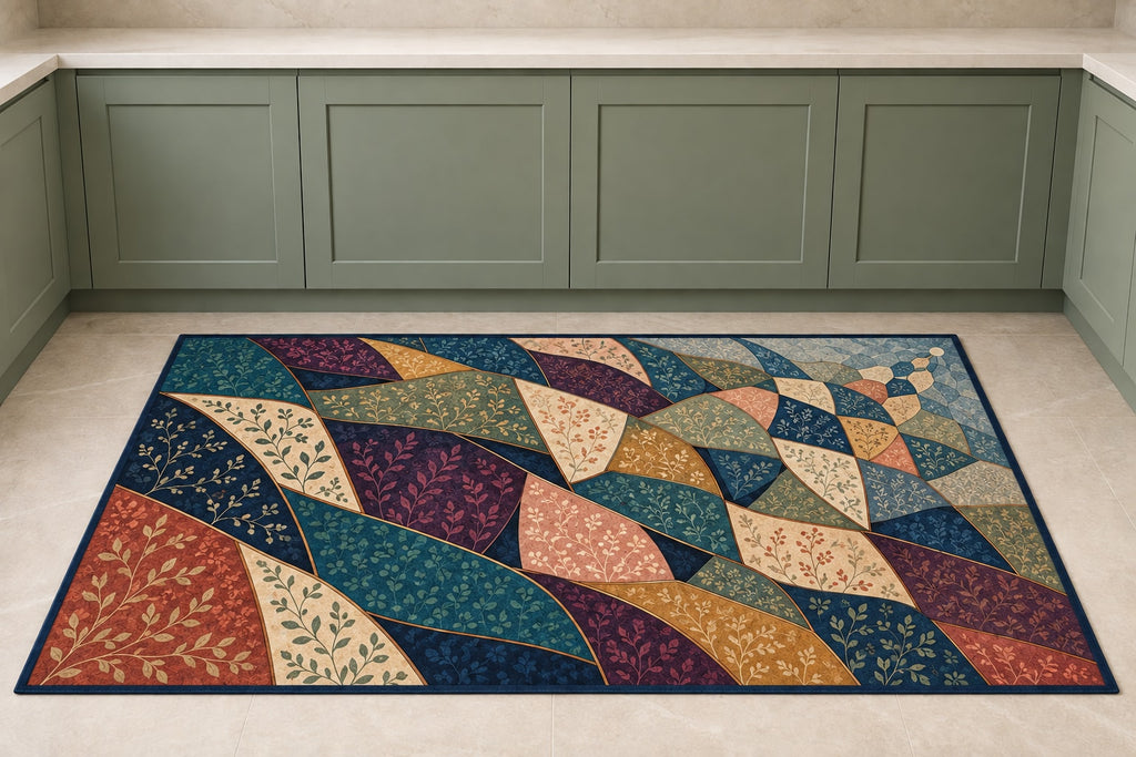 Prismatic Quiltwork Cascade Kitchen Rug with dimensional printed themed artwork; representative AI-generated mockup.