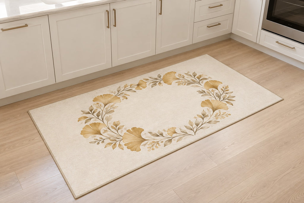 Golden Anniversary Ginkgo Halo Kitchen Rug with dimensional printed themed artwork; representative AI-generated mockup.