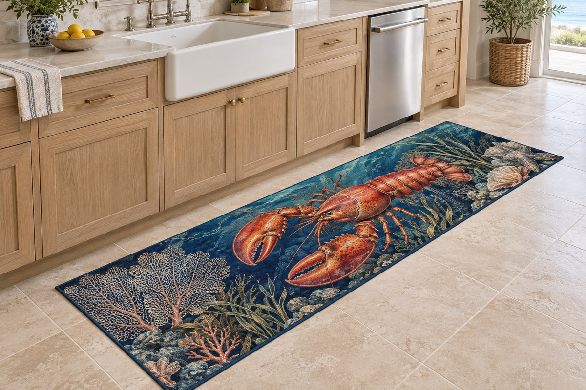 Lobster Coastal Kitchen Kitchen Rug with dimensional printed themed artwork; representative AI-generated mockup.