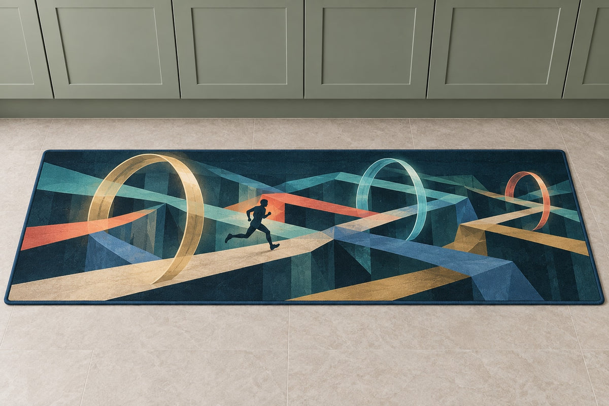 Ridgepulse Strata Passage Kitchen Rug with dimensional printed themed artwork; representative AI-generated mockup.