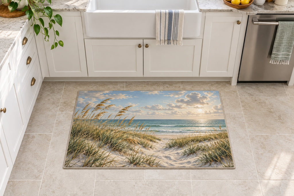 Coastal Dune Grass Kitchen Rug with dimensional printed themed artwork; representative AI-generated mockup.