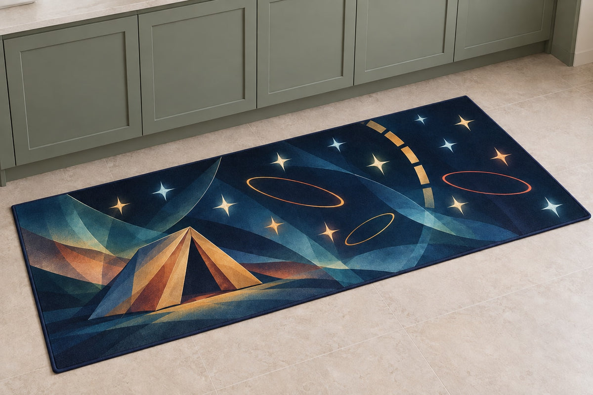 Nightglass Camp Observatory Kitchen Rug with dimensional printed themed artwork; representative AI-generated mockup.
