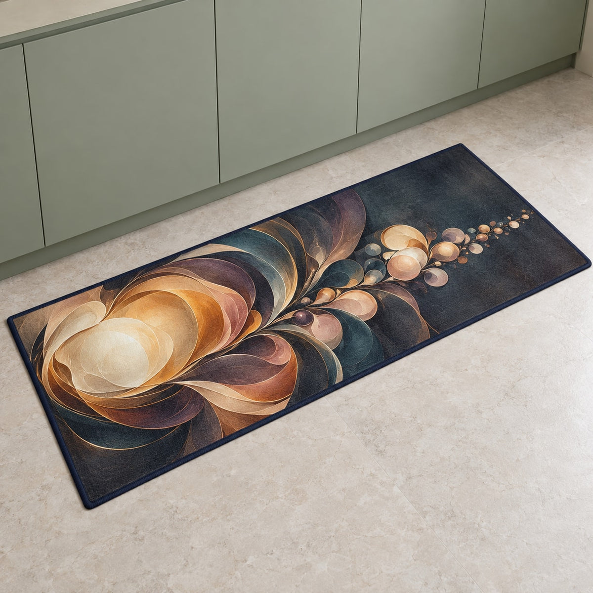 Luminous Waxfold Cascade Kitchen Rug with dimensional printed themed artwork; representative AI-generated mockup.