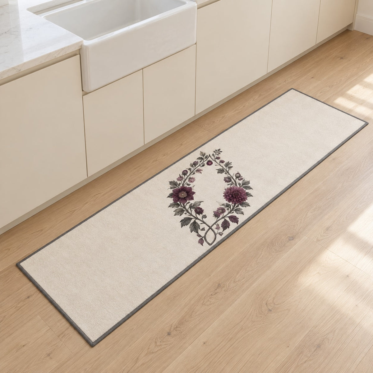 Gothic Botanical Wedding Kitchen Rug with dimensional printed themed artwork; representative AI-generated mockup.