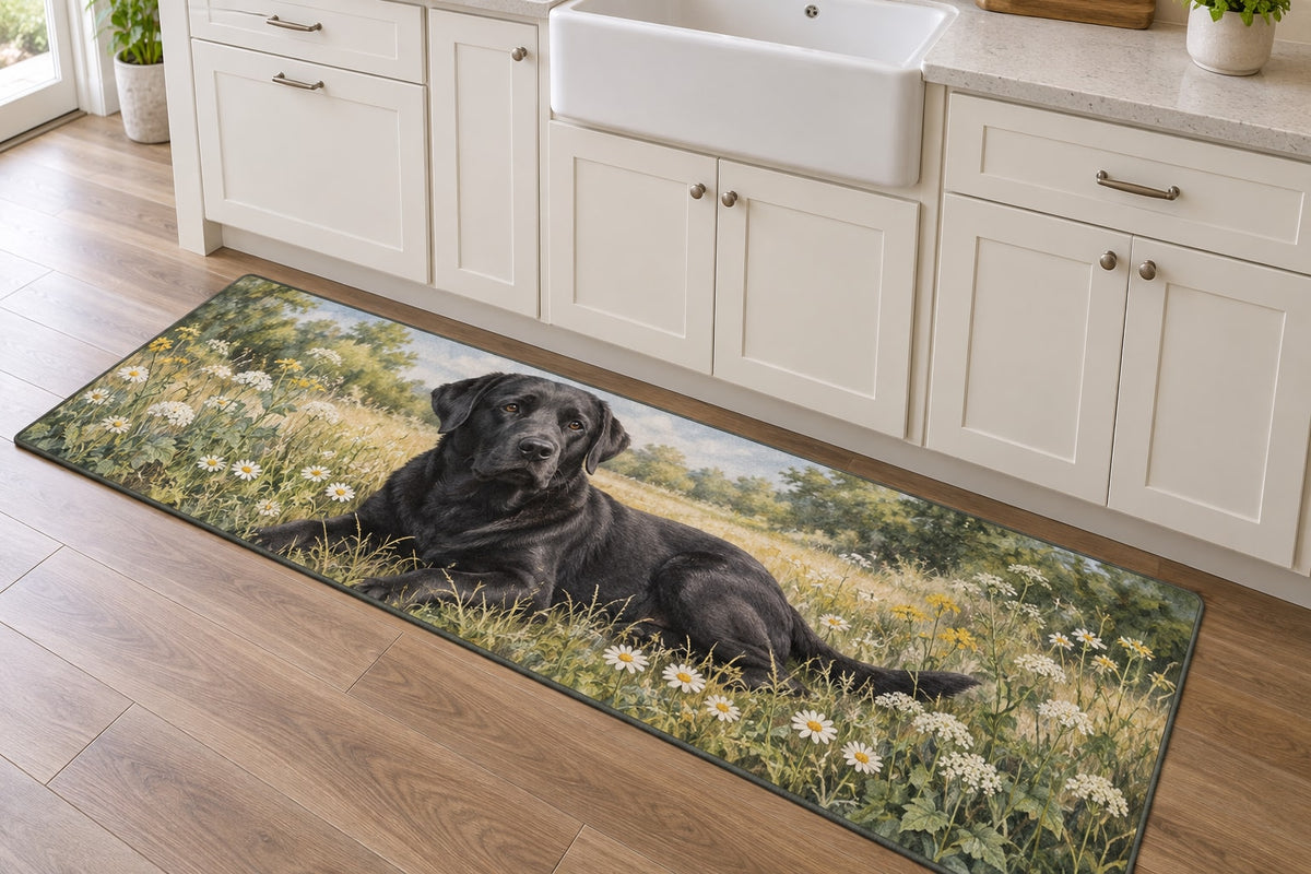 Labrador Retriever Kitchen Rug with dimensional printed themed artwork; representative AI-generated mockup.