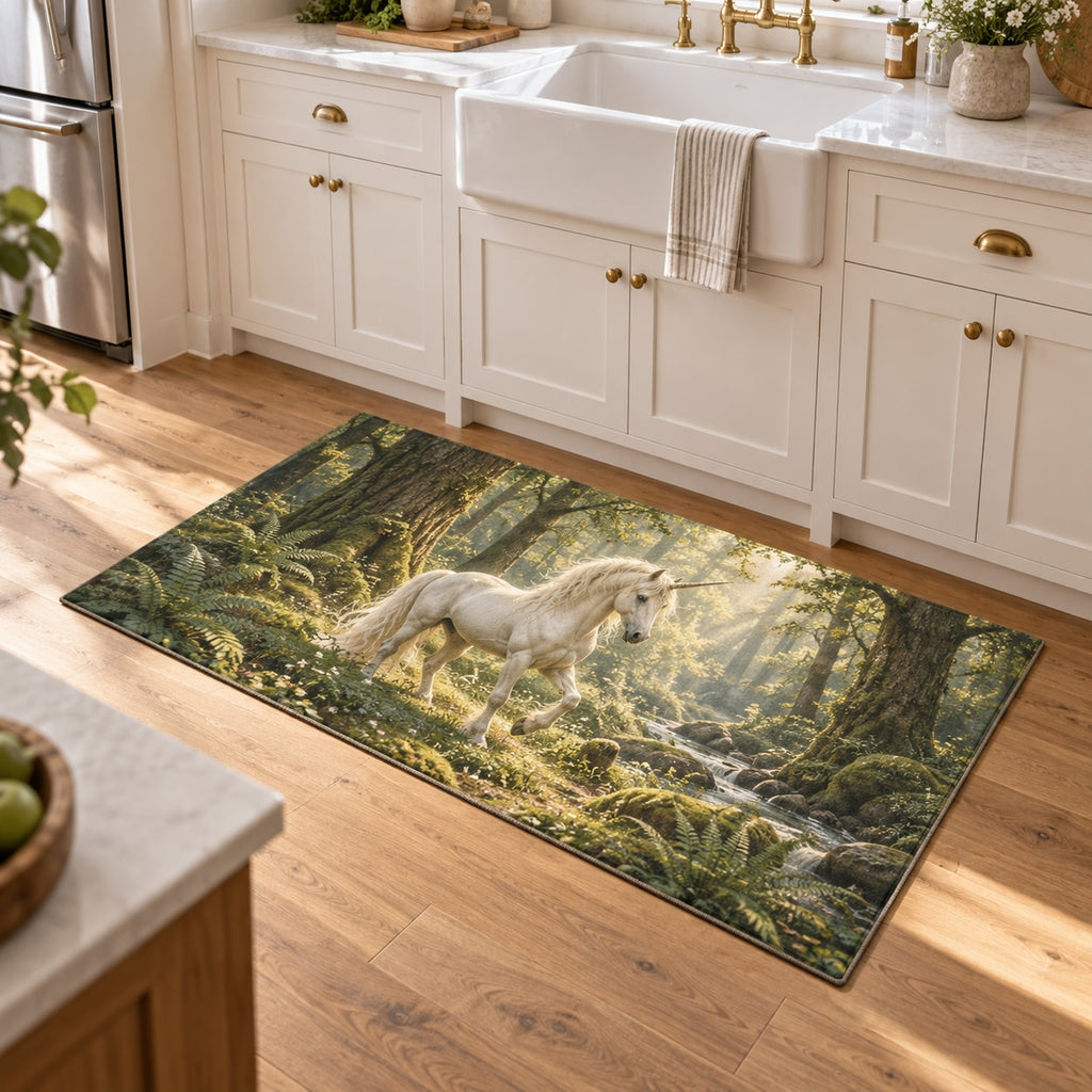 Unicorn Woodland Kitchen Rug with dimensional printed themed artwork; representative AI-generated mockup.