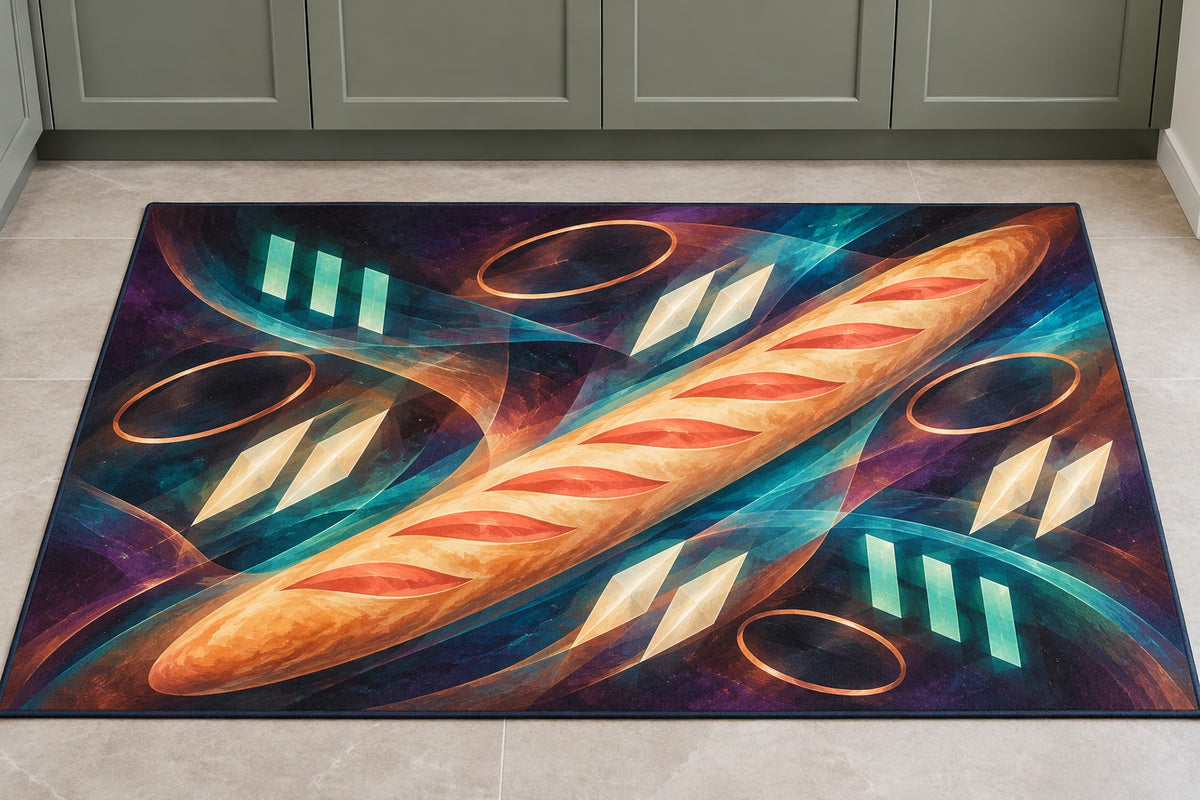 Baguette Aurora Relay Kitchen Rug with dimensional printed themed artwork; representative AI-generated mockup.