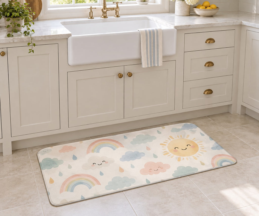 Rainbow Weather Kitchen Rug with dimensional printed themed artwork; representative AI-generated mockup.