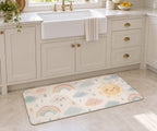 Rainbow Weather Kitchen Rug with dimensional printed themed artwork; representative AI-generated mockup.