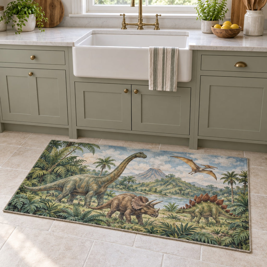 Dinosaur Discovery Kitchen Rug with dimensional printed themed artwork; representative AI-generated mockup.