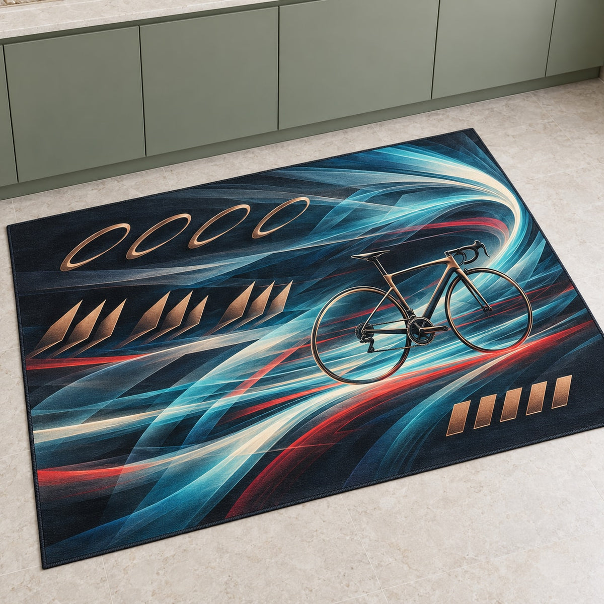 Slipstream Aurora Circuit Kitchen Rug with dimensional printed themed artwork; representative AI-generated mockup.