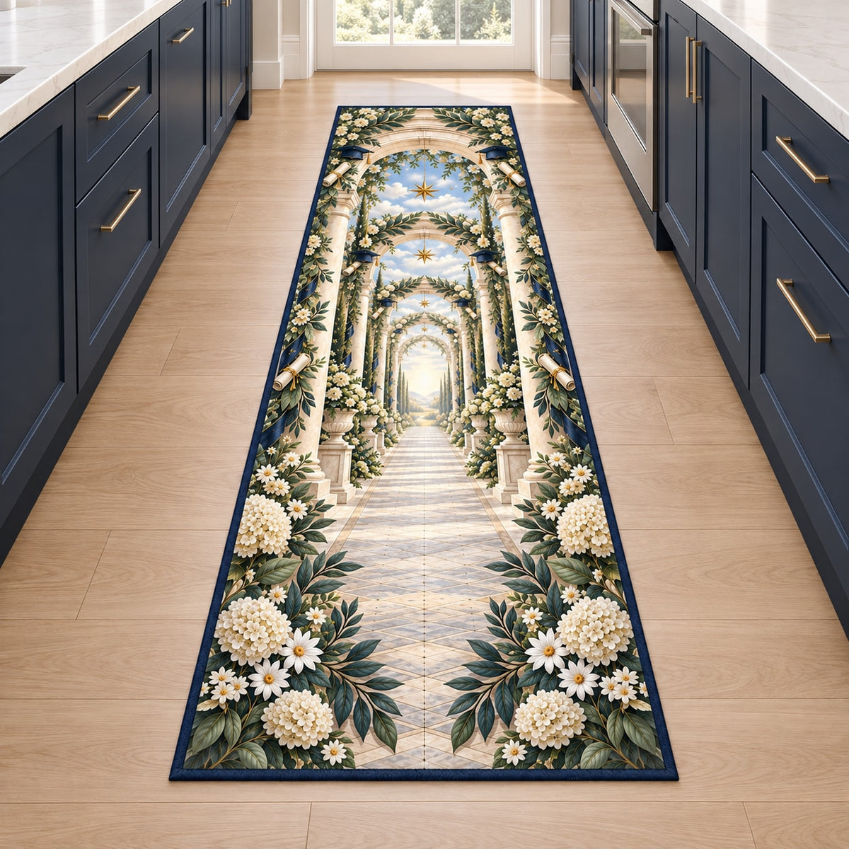 Graduation Laurel Colonnade Kitchen Rug with dimensional printed themed artwork; representative AI-generated mockup.