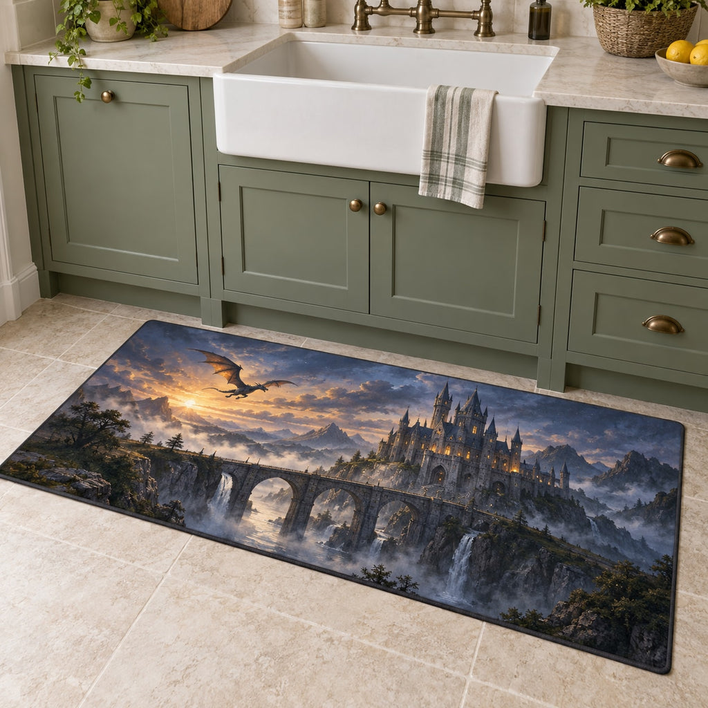 Dragon Castle Kitchen Rug with dimensional printed themed artwork; representative AI-generated mockup.