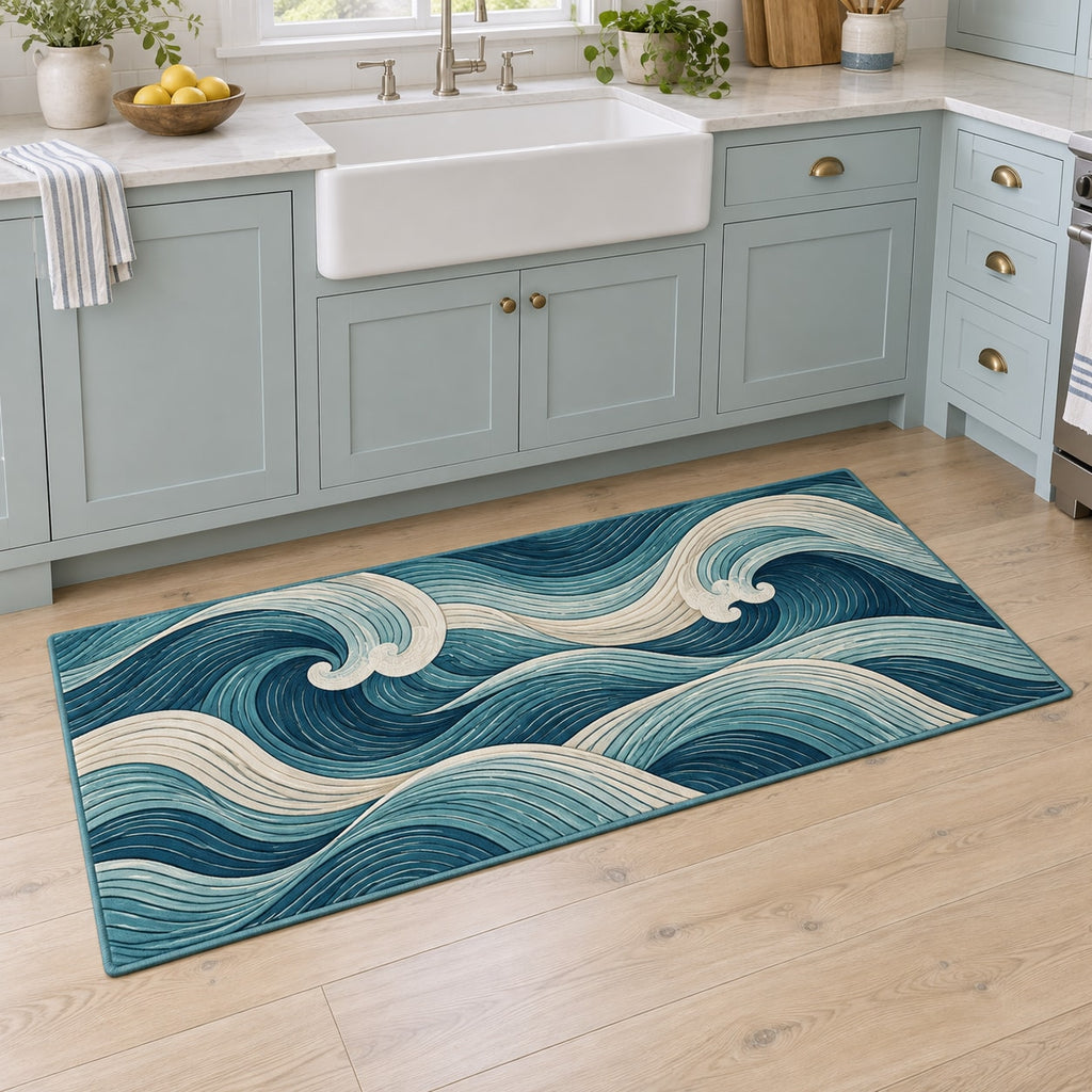 Ocean Wave Linework Kitchen Rug with dimensional printed themed artwork; representative AI-generated mockup.
