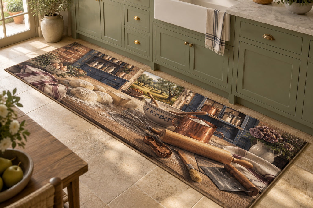 Family Baking Tools Kitchen Rug with dimensional printed themed artwork; representative AI-generated mockup.