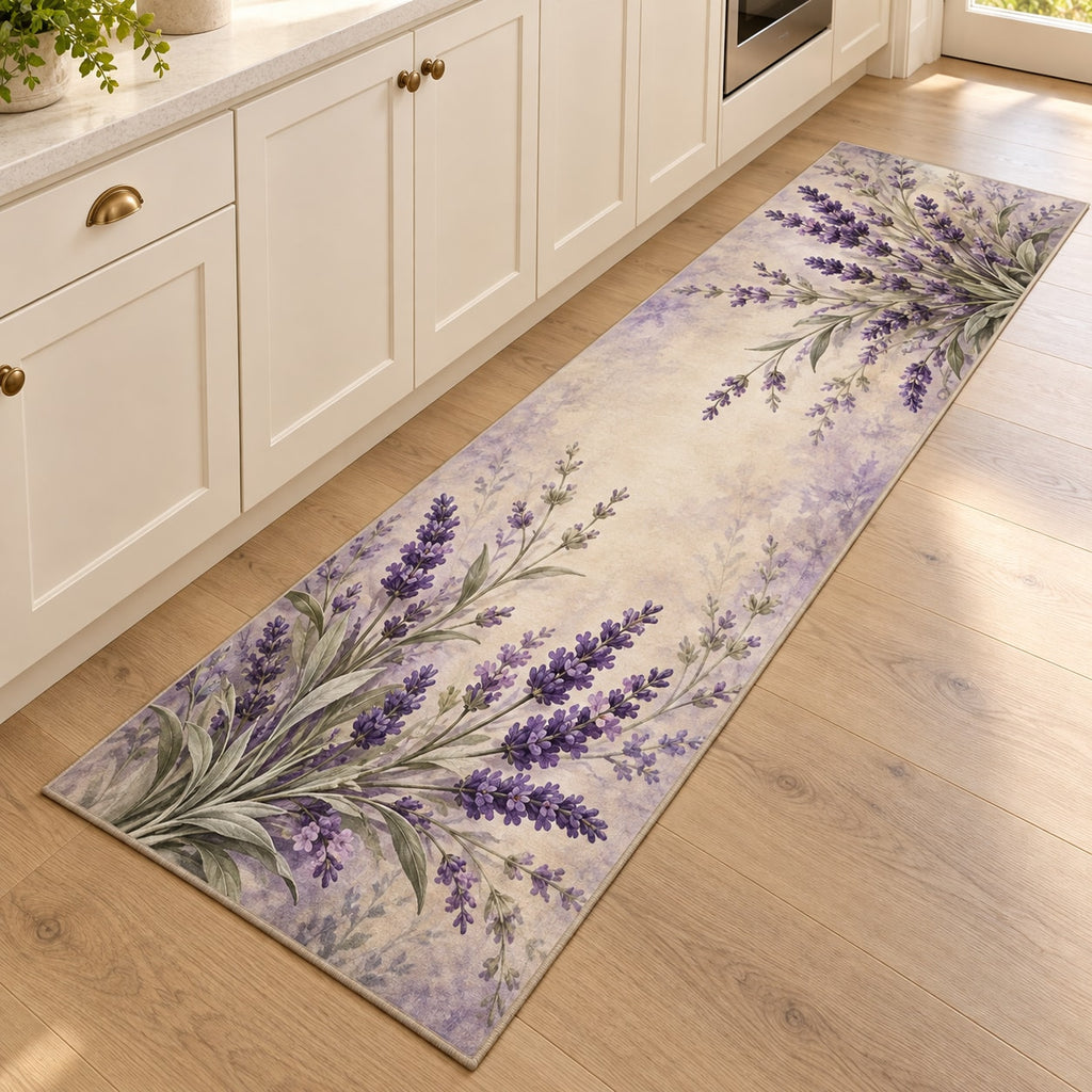 Lavender Sprigs Kitchen Rug with dimensional printed themed artwork; representative AI-generated mockup.