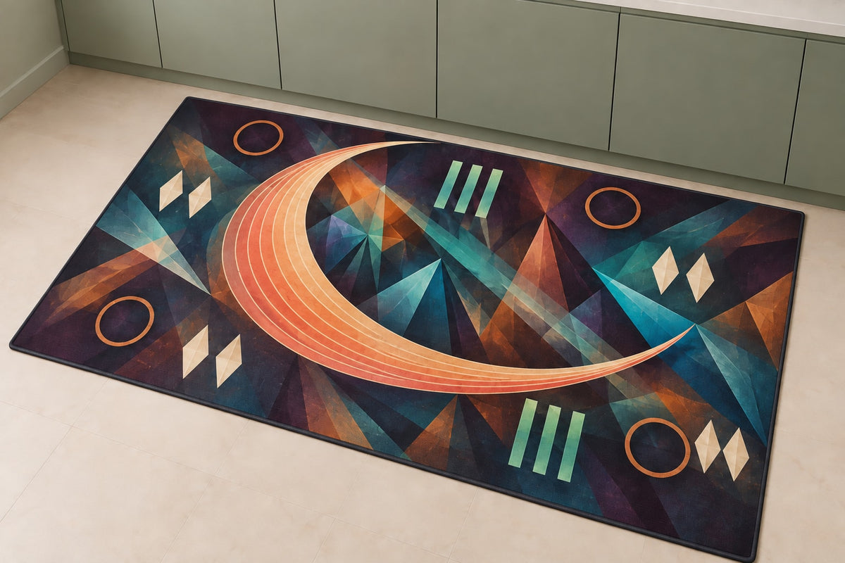 Croissant Dawn Parallax Kitchen Rug with dimensional printed themed artwork; representative AI-generated mockup.