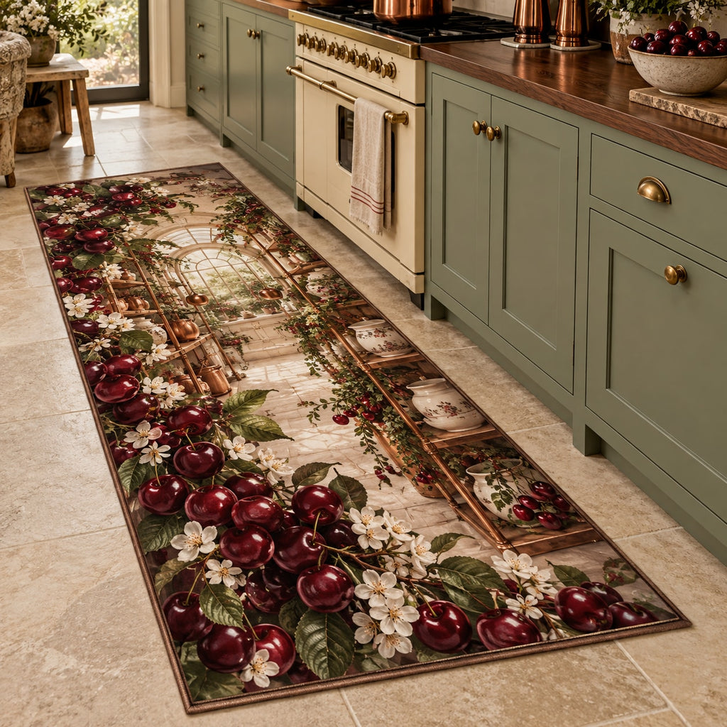 Cherry Kitchen Kitchen Rug with dimensional printed themed artwork; representative AI-generated mockup.