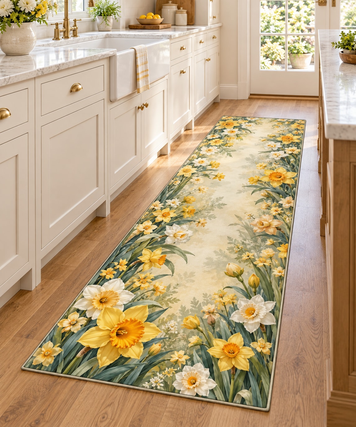 Daffodil and Jonquil Kitchen Rug with dimensional printed themed artwork; representative AI-generated mockup.