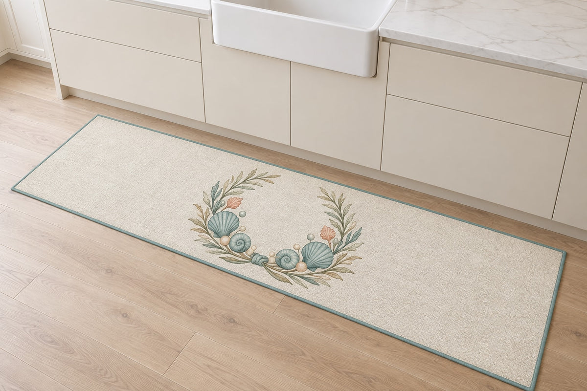 Coastal Shell Wedding Kitchen Rug with dimensional printed themed artwork; representative AI-generated mockup.