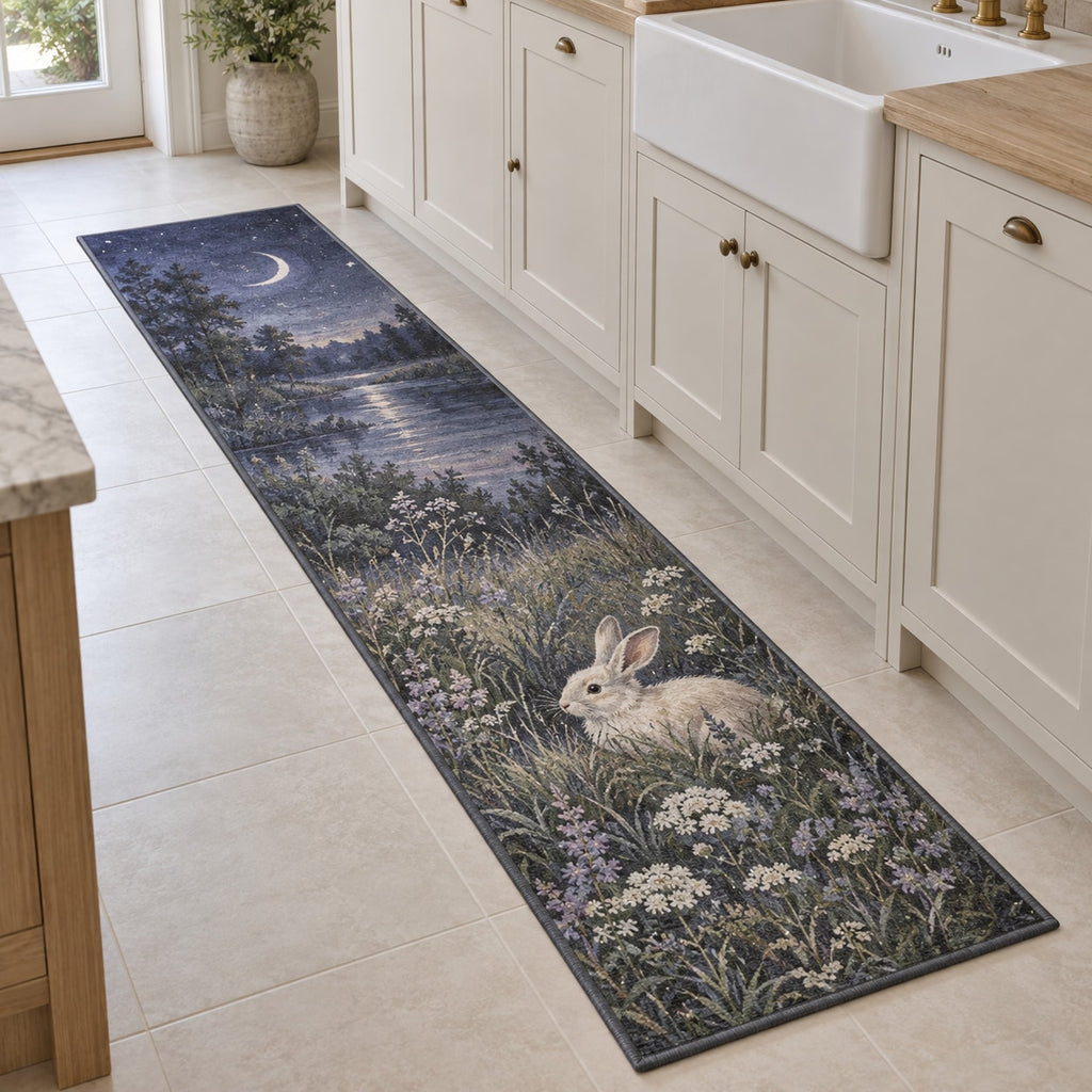 Bunny Moon Meadow Kitchen Rug with dimensional printed themed artwork; representative AI-generated mockup.