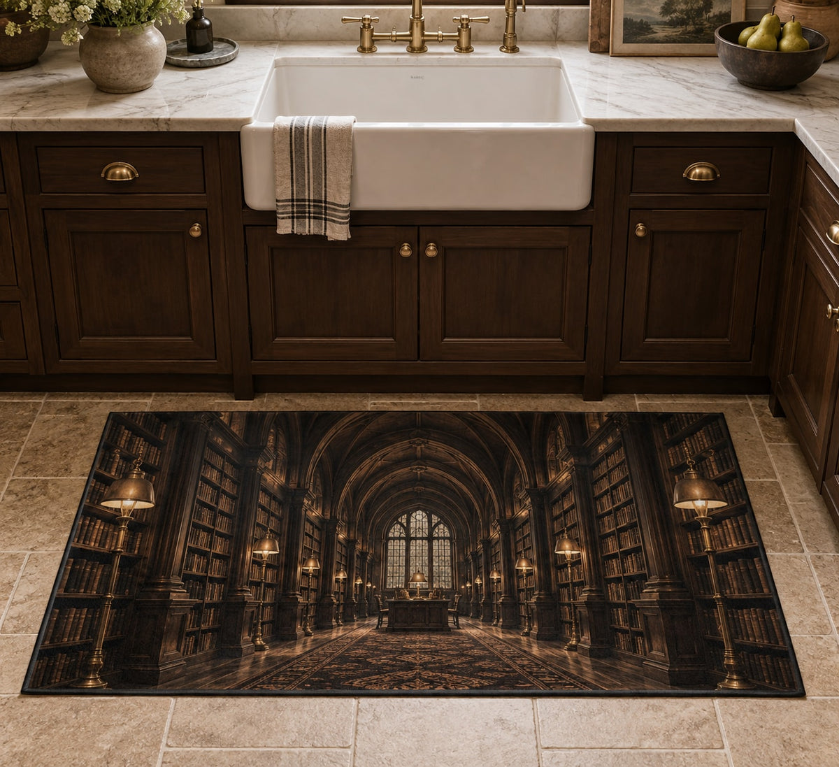 Dark Academia Library Kitchen Rug with dimensional printed themed artwork; representative AI-generated mockup.